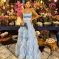 Sky Blue Party Dress Strapless A Line Prom Dress Tiered Ruffles Tulle Skirt Long Evening Dresses Floor Length