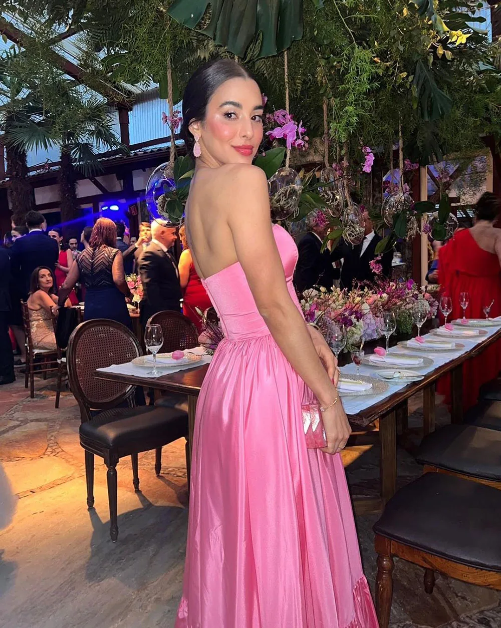 Hot Pink Silk Evening Dress Sexy Strapless A-line Prom Dress 2024 Wedding Banquet Party Dress Dinner Night Gown