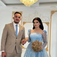 Shiny Glitter Sequin Blue Prom Party Dresses Long Sleeves Tea Length Dubai Arabic Women Formal Occasion Gowns