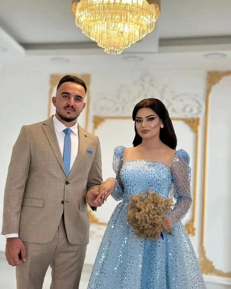 Shiny Glitter Sequin Blue Prom Party Dresses Long Sleeves Tea Length Dubai Arabic Women Formal Occasion Gowns