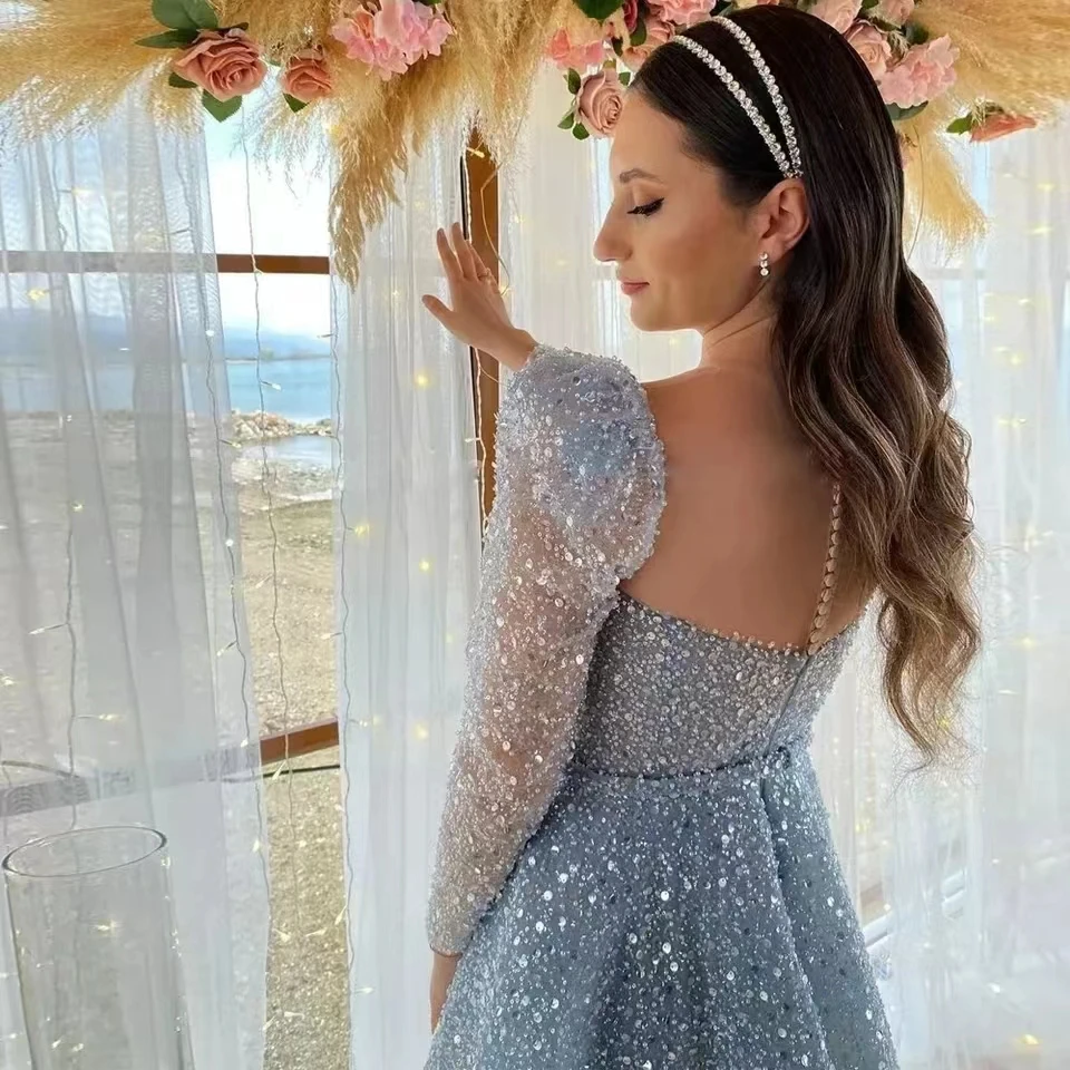 Shiny Glitter Sequin Blue Prom Party Dresses Long Sleeves Tea Length Dubai Arabic Women Formal Occasion Gowns