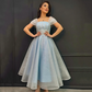 Sky Blue Shiny Sequins Evening Dresses Arabic Women Off The Shoulder Pageant Tea Length Prom Gowns Formal Party Dress