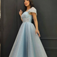 Sky Blue Shiny Sequins Evening Dresses Arabic Women Off The Shoulder Pageant Tea Length Prom Gowns Formal Party Dress