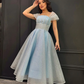 Sky Blue Shiny Sequins Evening Dresses Arabic Women Off The Shoulder Pageant Tea Length Prom Gowns Formal Party Dress