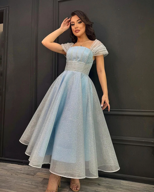 Sky Blue Shiny Sequins Evening Dresses Arabic Women Off The Shoulder Pageant Tea Length Prom Gowns Formal Party Dress