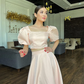 Pink Satin Evening Dresses Short Sleeves Two Pieces Prom Dresses Square Collar Prom Gowns Slit vestidos de novia 2024