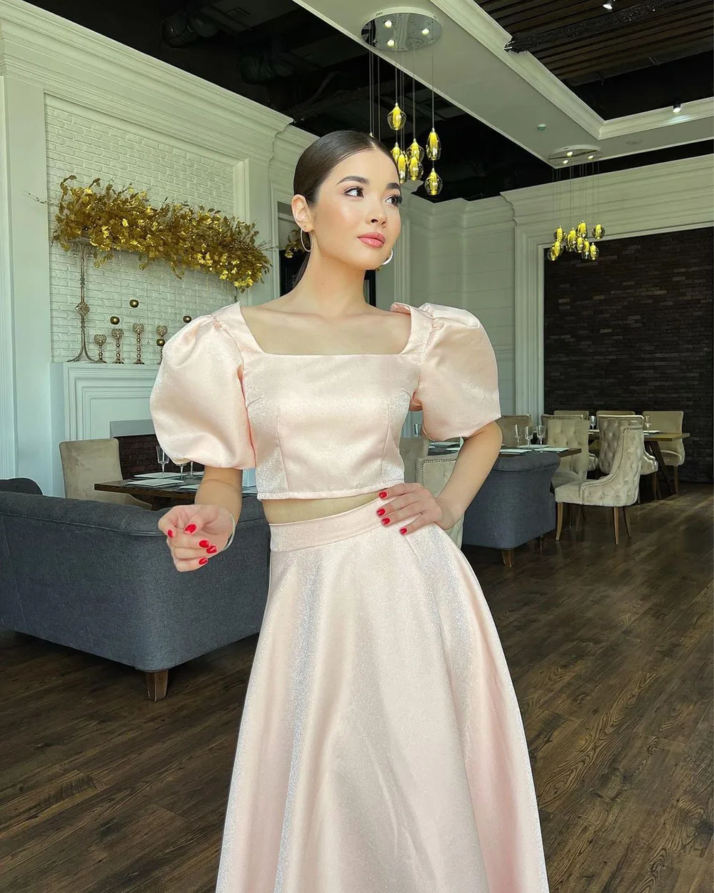 Pink Satin Evening Dresses Short Sleeves Two Pieces Prom Dresses Square Collar Prom Gowns Slit vestidos de novia 2024