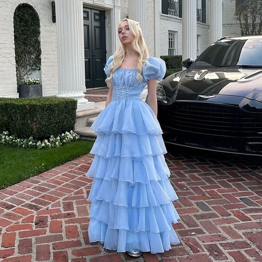 Sky Blue Tiered Skirt Prom Dresses 15 Quinceanera Dresses Puff Short Sleeves Lace Up Formal Party Gowns Birthday Dress