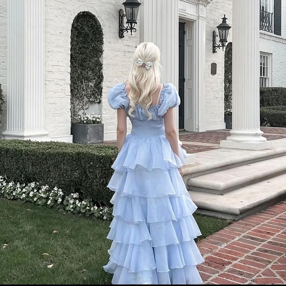 Sky Blue Tiered Skirt Prom Dresses 15 Quinceanera Dresses Puff Short Sleeves Lace Up Formal Party Gowns Birthday Dress