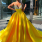 Glamorous Yellow Sequins V-Neck A-Line Prom Dress Sleeveless With Split