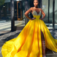 Glamorous Yellow Sequins V-Neck A-Line Prom Dress Sleeveless With Split