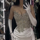 Sophisticated White Sleeveless Strapless Beadeds Split Prom Dress with Gloves