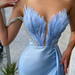 Baby Blue Off-The-Shoulder V-Neck Mermaid Slit Prom Dress With Feathers One Shoulder