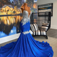 Halter Beautiful Royal Blue Mermaid Prom Dress With Appliques