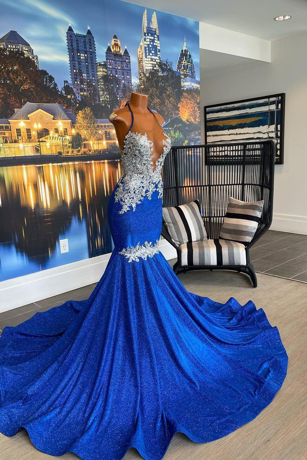 Halter Beautiful Royal Blue Mermaid Prom Dress With Appliques