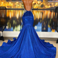 Halter Beautiful Royal Blue Mermaid Prom Dress With Appliques