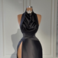 Chic Black Halter Split Sleeveless Prom Gown Dress