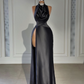 Chic Black Halter Split Sleeveless Prom Gown Dress