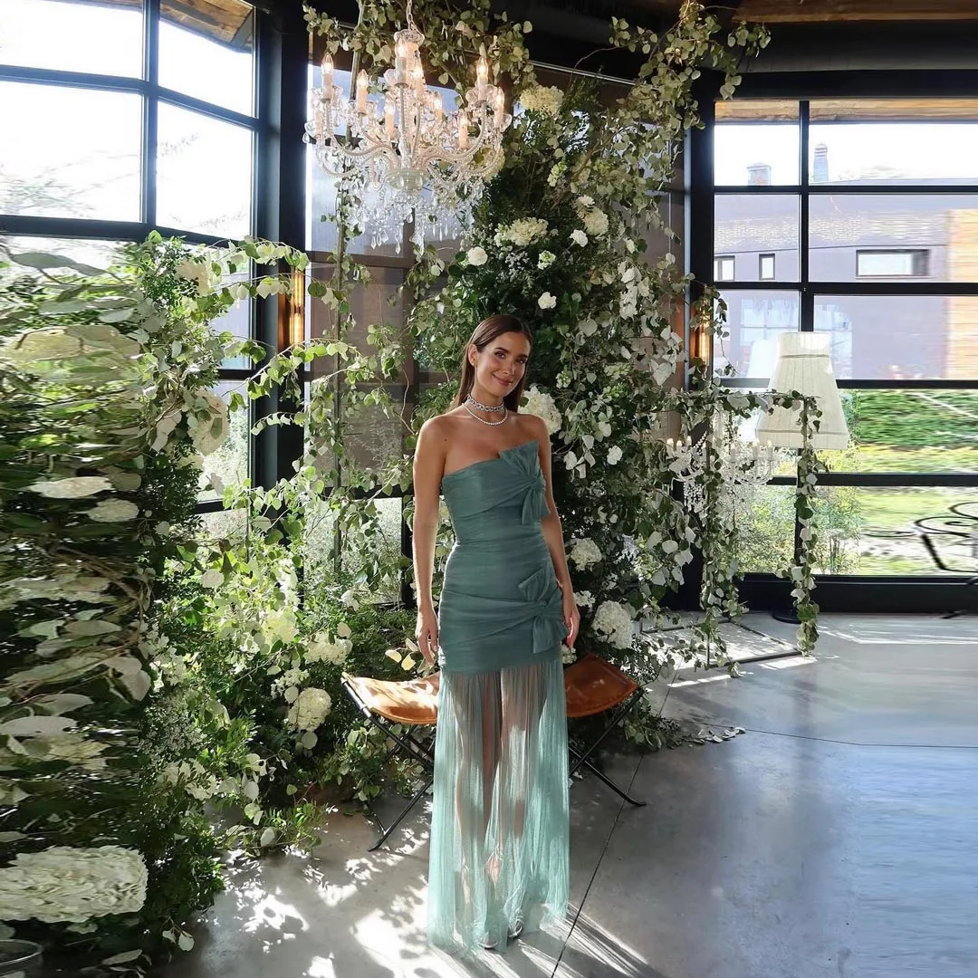 Turquoise Green Strapless Bow Banquet Party Dresses Pleated Sheer Tulle Formal Dress Floor Length Long Sleeveless Prom Gowns