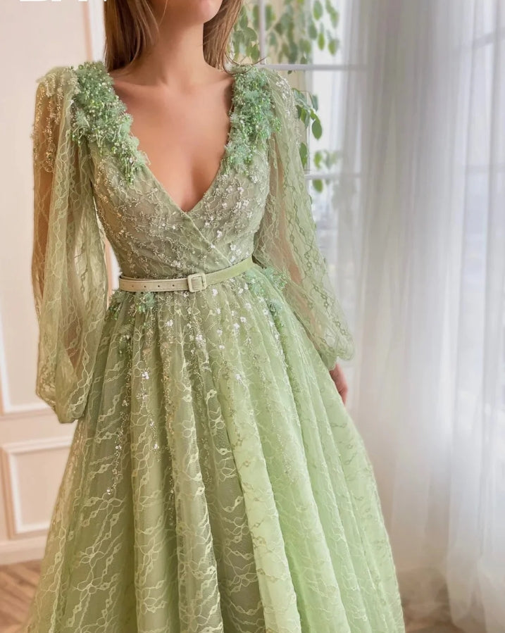 Deep V-neck Sequins Cocktail Party Gown Bohemian Appliques Long Sleeve Prom Dress Sparkly Vestidos De Novia