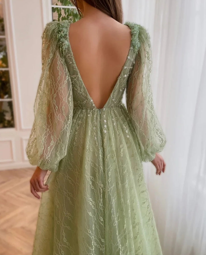 Deep V-neck Sequins Cocktail Party Gown Bohemian Appliques Long Sleeve Prom Dress Sparkly Vestidos De Novia