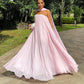 Simple Pink Strapless A Line Evening Dresses With Scraf Chiffon Holiday Gowns Floor Length Dinner Party Dress For Women