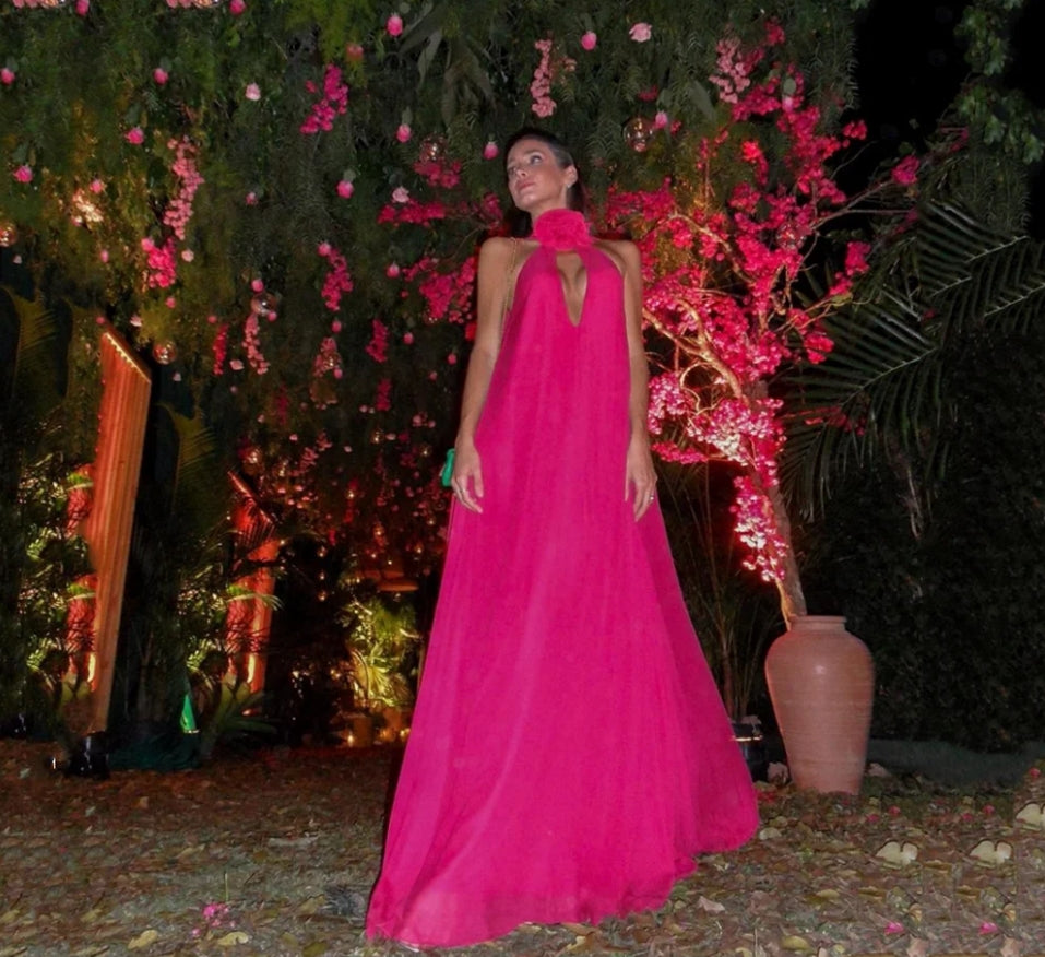 Sexy Halter Neck Silk Chiffon فساتين السهرة Glaring Fuchsia Vestidos De Noche Comfy Hangs Floor Lenght Prom Dress