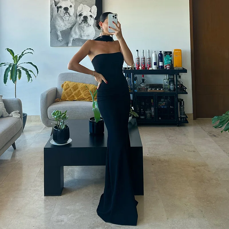 Woman Elegant Summer Sleeveless Halter Slim Long Maxi Dress 2024 Female Off Shoulder High Waist Bodycon Evening Party Dresses