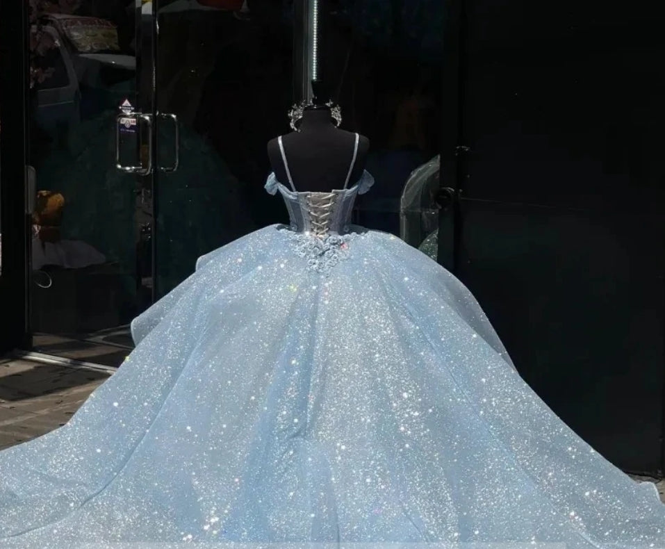 Real Pictures Sky Blue Prom Dress Lace Appliques Sweet 16 Princess Ball Gown Birthday Party Quinceanera Wear Vestidos De 15 Anos