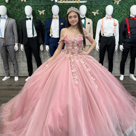 Pink Floral Quinceanera Dresses Off Shoulder 3D Flower Lace Appliques Birthday Party Ball Gown Vestidos De 15 Anos