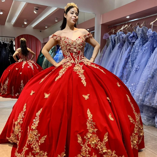 2024 Red Ball Gown Quinceanera Dresses Sweet 16 Dress Tulle Gold 3D Flowers Bow Vestidos De 15 Años Quinceañeras