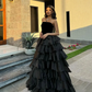 Elegant Black A-line Prom Dress for Women's Strapless Layered Party Evening Gowns Floor Length Formal Occasion Dresses