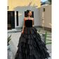 Elegant Black A-line Prom Dress for Women's Strapless Layered Party Evening Gowns Floor Length Formal Occasion Dresses