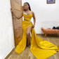 Charming Mermaid Beaded Prom Dresses Pleated Yellow Evening Gowns Side Split One Shoulder Special Occasion Formal Wear