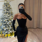 Black Formal Occasion Dresses 2024 Strapless Long Luxury Party Dress With Gloves Slit Sexy Evening Gowns فساتين مناسبة رسمية