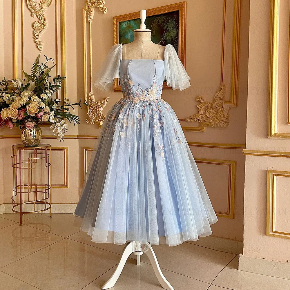 Sky Blue A-line Formal Occasion Dresses 2024 Applique Elegant Party Dress Tea-Length Lace Up Evening Gowns فساتين مناسبة رسمية