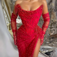 Dark Red Luxury Pearls Prom Dresses with Detachable Sleeves Gloves Sexy Strapless High Slit Formal Evening Dress Long Party Gown