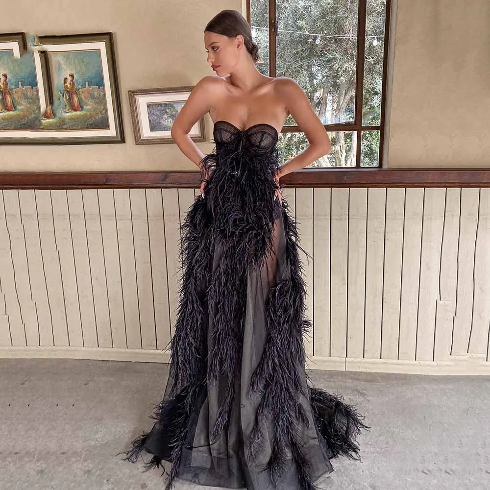 Sexy Strapless Prom Dress Sleeves Feather Sweep Train Gown For Women Zipper Tulle Dress Formal Wedding Party