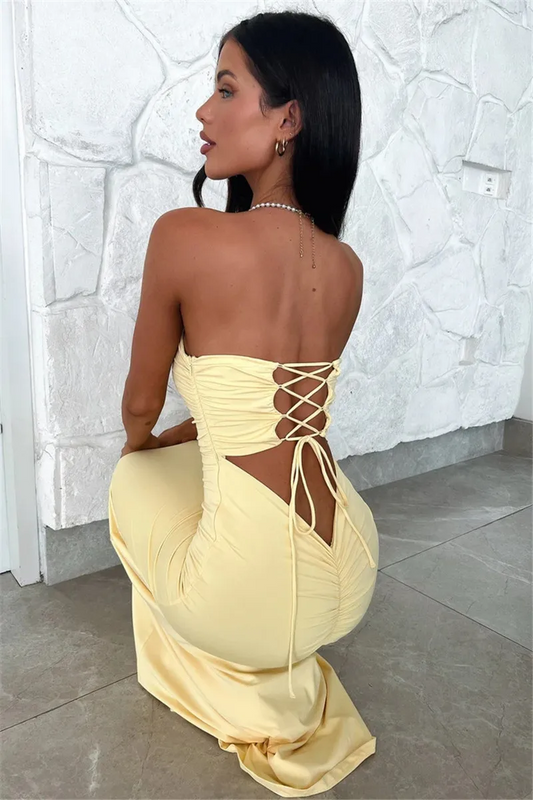 Strapless Backless Lace-up Maxi Dress For Women Summer New Off-shoulder Sleeveless Bodycon Club Party Long Dress