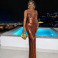 New Summer Style Brown Sequines Shinning Sexy Bodycon Long Dress Women Sexy Strap Elegant Evening Party Dress Prom Dress