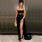 Sexy Black Evening Dresses Sheer Exposed Boning Mermaid Prom Gowns Velvet Strapless Side Split Illusion Girls Formal Occasion