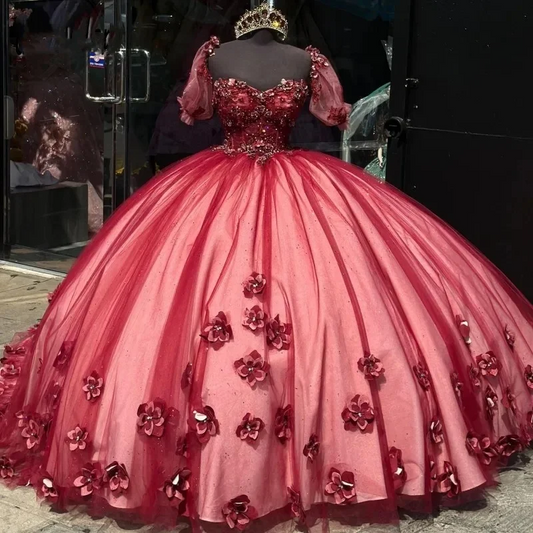 Red Quincenara Dresses With 3D Floral Applique Sweetheart Vestidos De 15 Quinceanera Shinny Pageant Dress 2024
