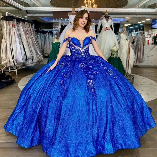 Blue Glitter Crystal Sequined Ball Gown Quinceanera Dresses Off The Shoulder Applique Lace Beading Corset Vestidos De 15 Anos 20