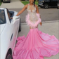 Hot Pink African Prom Dress for Women 2024 Luxury Crystal Feather Trumpet Evening Pageant Gown robe de soiree de luxury