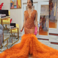 2024 High Slit Orange Long Prom Dress for Black Girls Beaded Rhinestones Ruffles Women Party Gala Gown Robe De Soiree