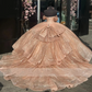 Glitter Rose Gold Princess Quinceanera Dress Bow Off Shoulder Crystals Beads Shiny Cinderella Sweet 16 Dress Vestidos De 15 Años