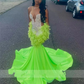 Sparkly Lime Green Prom Dress For Black Girls Sheer Mesh Glitter Bead Crystal Rhinestone Feathers Wedding Gown Birthday Party