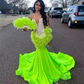 Sparkly Lime Green Prom Dress For Black Girls Sheer Mesh Glitter Bead Crystal Rhinestone Feathers Wedding Gown Birthday Party