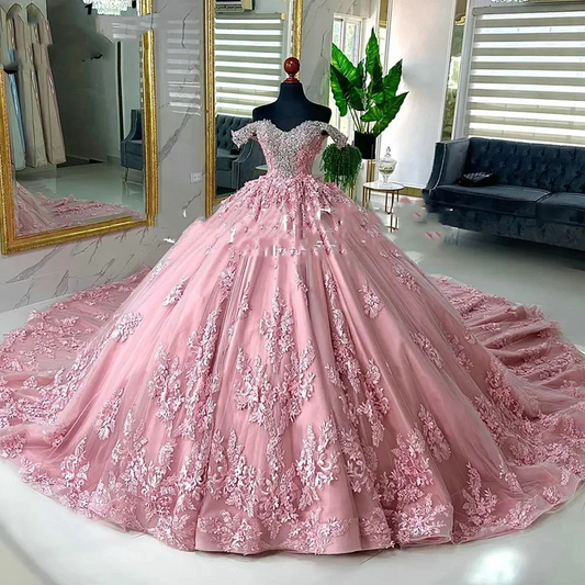 Pink Crystal Beading Off The Shoulder Ball Gown Quinceanera Dresses 2024 Appliques Lace Corset Vestidos De 15 Anos
