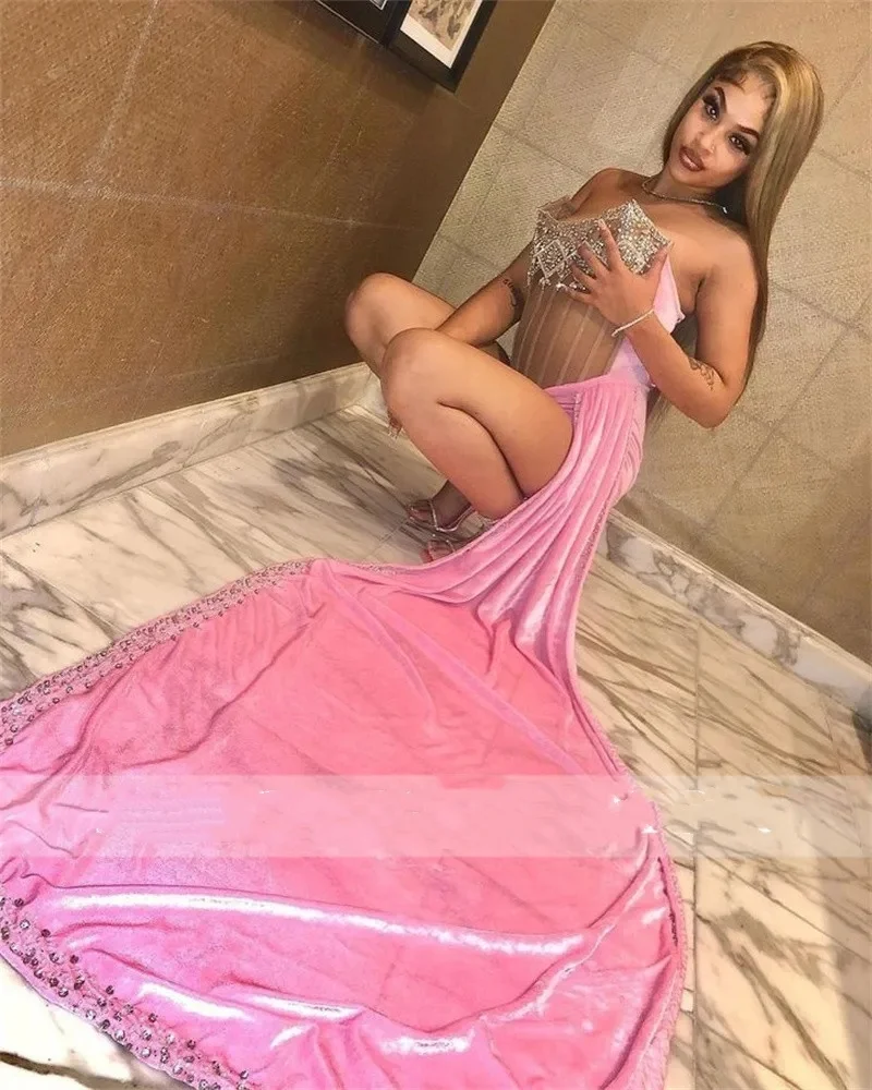 Pink Velvet Strapless Short Prom Dresses for Black Girls Crystal Beaded Birthday Party Dress Illusion Mini Cocktail Homecoming